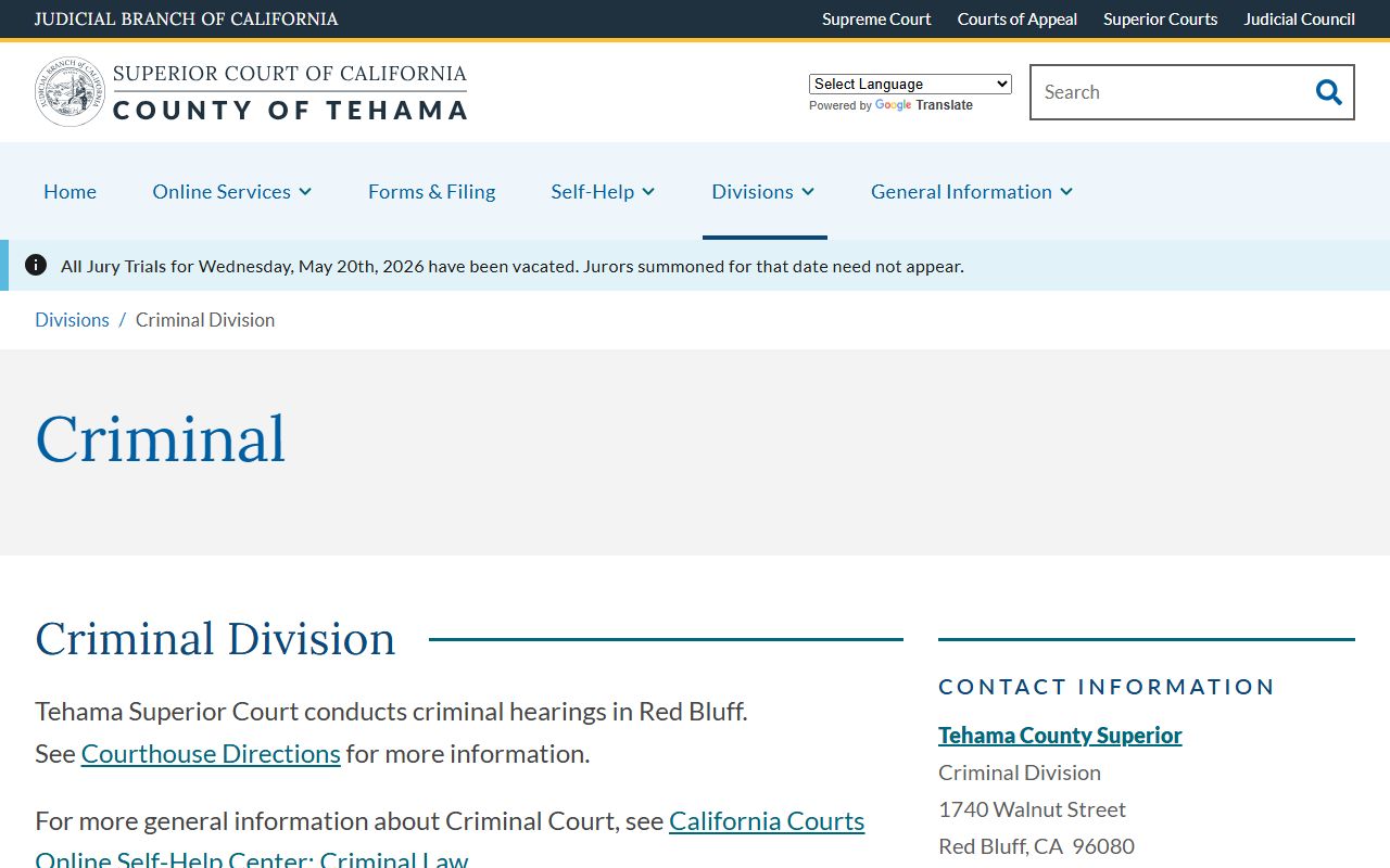 Tehama Superior Court Criminal Division page with criminal case and copy-request information