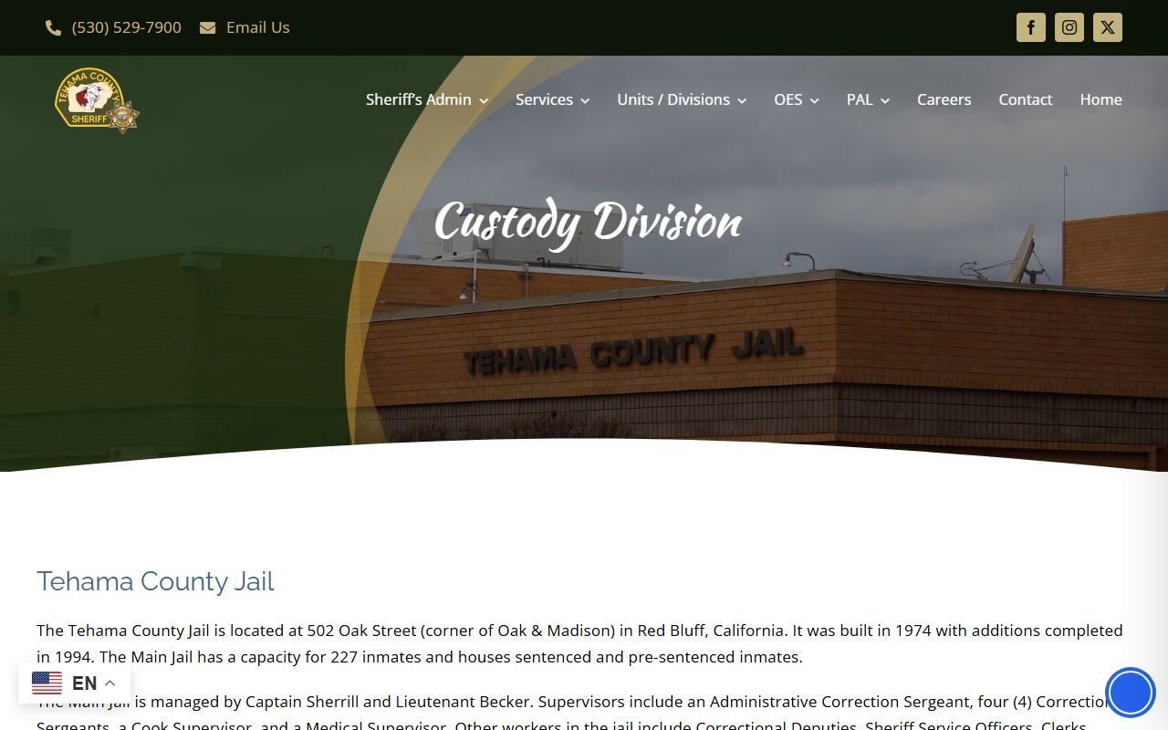 Tehama County Jail custody division inmate record information
