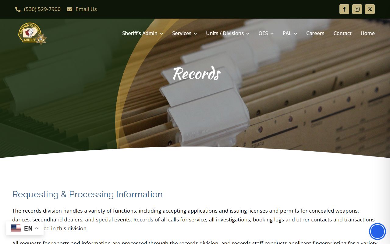 Tehama County Sheriff's Records Division page with request channels
